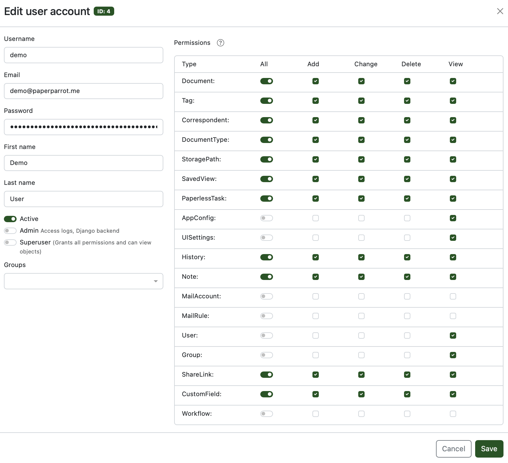 Screenshot of the user permission settings