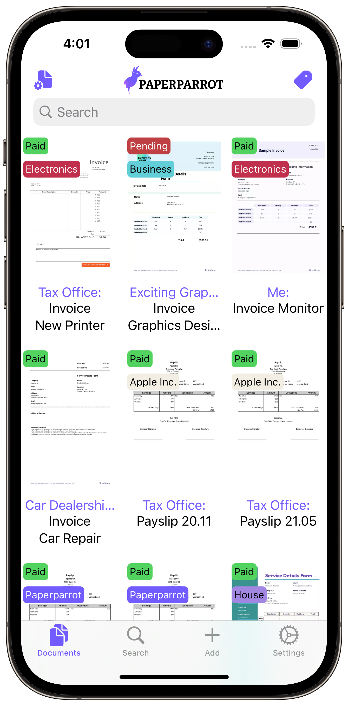 Screenshot showing Paperparrot displaying documents