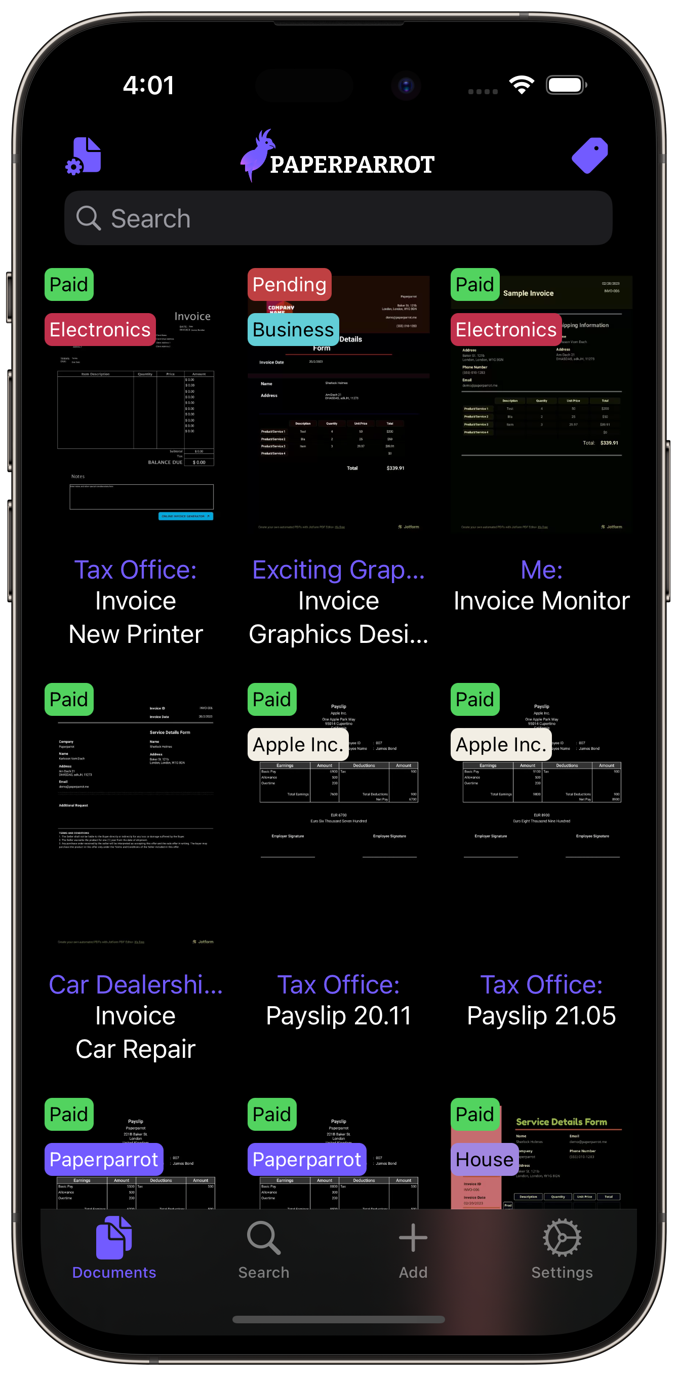 Screenshot showing Paperparrot displaying documents